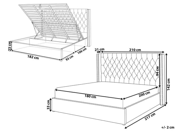 Seng Sort Polstret Velour 180 x 200 cm Dobbeltseng med Opbevaring Lamelbund Tuftet Sengegavl Tilbehør Soveværelse