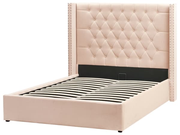 Seng Beige Polstret Velour 140 x 200 cm Trekvart Halvanden mands Seng med Opbevaring Lamelbund Tuftet Sengegavl Tilbehør Soveværelse