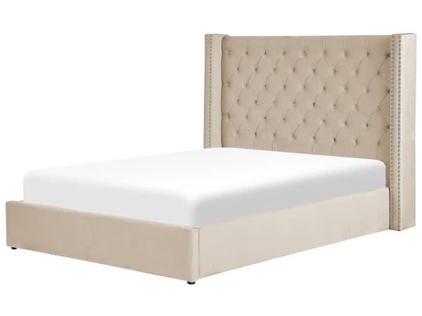 Seng Beige Polstret Velour 140 x 200 cm Trekvart Halvanden mands Seng med Opbevaring Lamelbund Tuftet Sengegavl Tilbehør Soveværelse