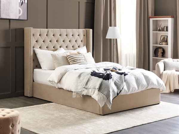 Seng Beige Polstret Velour 140 x 200 cm Trekvart Halvanden mands Seng med Opbevaring Lamelbund Tuftet Sengegavl Tilbehør Soveværelse