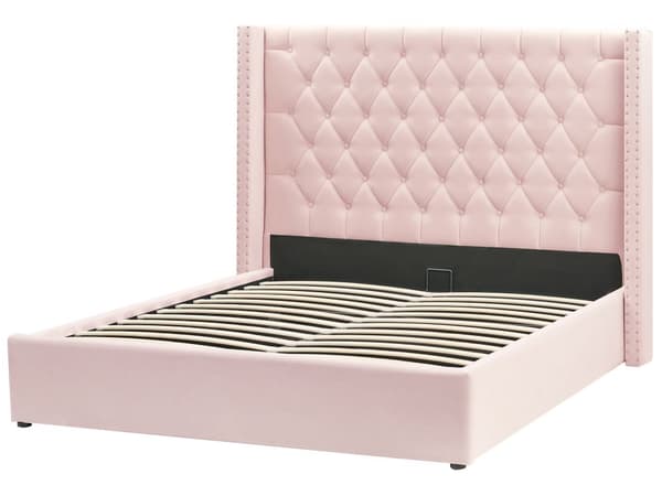 Seng Lyserød Polstret Velour 160 x 200 cm Dobbeltseng med Opbevaring Lamelbund Tuftet Sengegavl Tilbehør Soveværelse