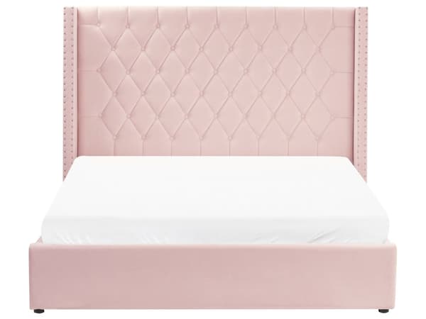 Seng Lyserød Polstret Velour 160 x 200 cm Dobbeltseng med Opbevaring Lamelbund Tuftet Sengegavl Tilbehør Soveværelse