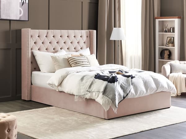 Seng Lyserød Polstret Velour 160 x 200 cm Dobbeltseng med Opbevaring Lamelbund Tuftet Sengegavl Tilbehør Soveværelse