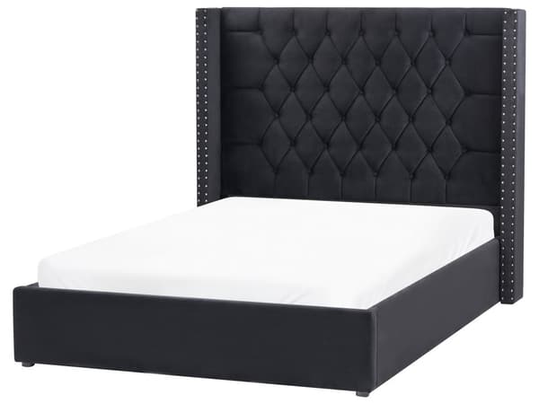 Parisänky musta sametti verhoiltu 140 x 200 cm sälepohja säilytystila napitettu verhoilunaulat retro tyyli