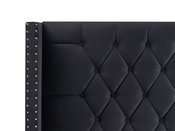 Parisänky musta sametti verhoiltu 140 x 200 cm sälepohja säilytystila napitettu verhoilunaulat retro tyyli