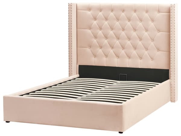 Parisänky beige sametti verhoiltu 140 x 200 cm sälepohja säilytystila napitettu verhoilunaulat retro tyyli