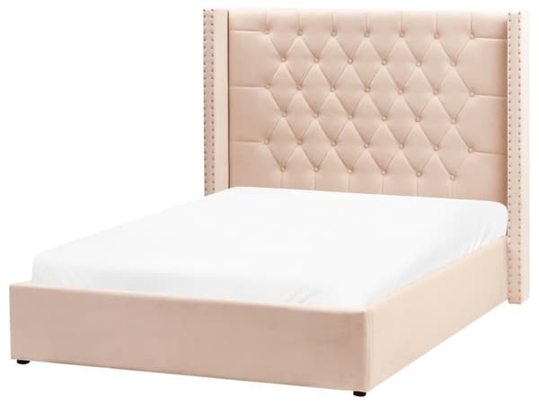 Parisänky beige sametti verhoiltu 140 x 200 cm sälepohja säilytystila napitettu verhoilunaulat retro tyyli