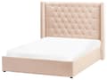 Pikkukuva 5 / 11: Parisänky beige sametti verhoiltu 140 x 200 cm sälepohja säilytystila napitettu verhoilunaulat retro tyyli