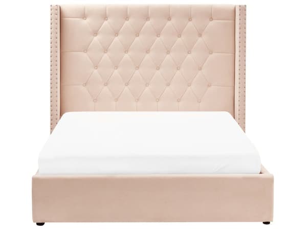Parisänky beige sametti verhoiltu 140 x 200 cm sälepohja säilytystila napitettu verhoilunaulat retro tyyli
