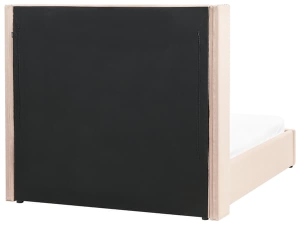 Parisänky beige sametti verhoiltu 140 x 200 cm sälepohja säilytystila napitettu verhoilunaulat retro tyyli
