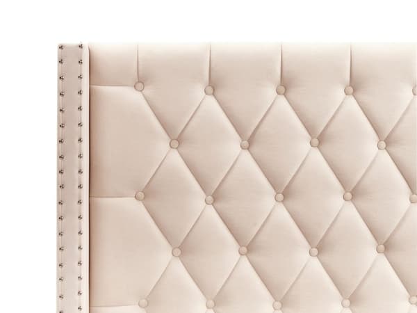 Parisänky beige sametti verhoiltu 140 x 200 cm sälepohja säilytystila napitettu verhoilunaulat retro tyyli