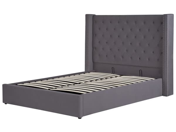Parisänky harmaa sametti verhoiltu 140 x 200 cm sälepohja säilytystila napitettu verhoilunaulat retro tyyli