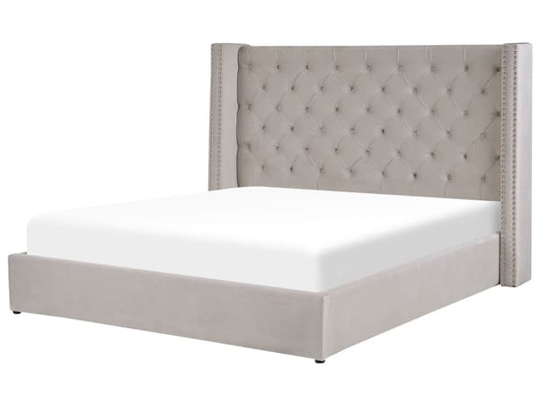 Dubbelsäng Sängram Ribbor Ljusgrå Sammet Tuftad Huvudgavel 160 x 200 cm Glam Design
