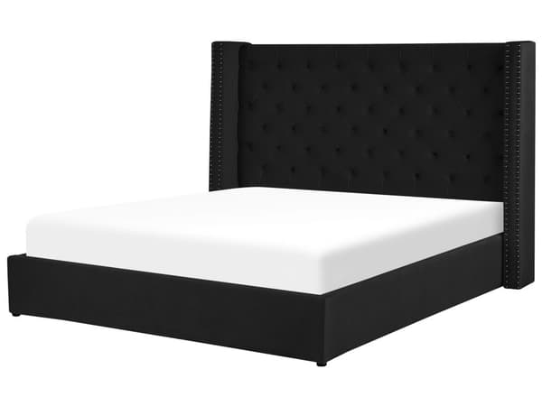 Dubbelsäng Sängram Ribbor Svart Sammet Tuftad Huvudgavel 160 x 200 cm Glam Design