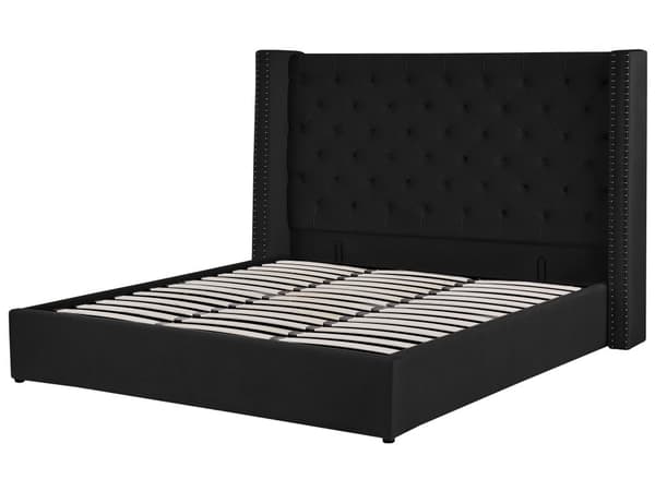 Dubbelsäng Sängram Ribbor Svart Sammet Tuftad Huvudgavel 160 x 200 cm Glam Design