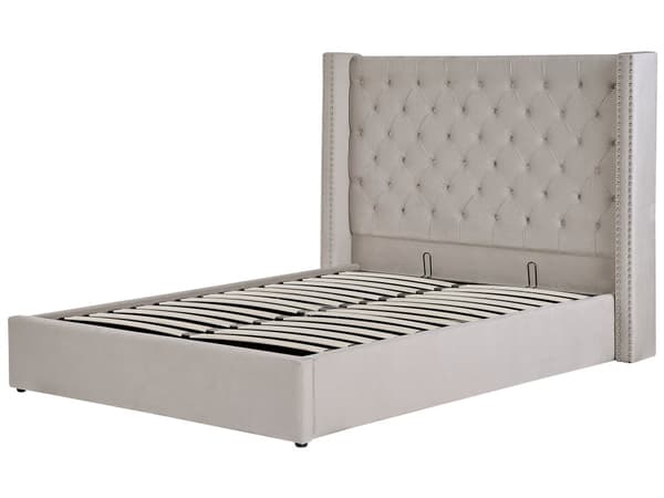 Seng Lysegrå Fløyel 160 x 200 cm Med oppbevaring Lamellbunn Høy sengegavl Elegant Klassisk stil Glam Soverom
