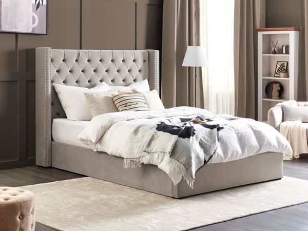 Seng Lysegrå Fløyel 160 x 200 cm Med oppbevaring Lamellbunn Høy sengegavl Elegant Klassisk stil Glam Soverom