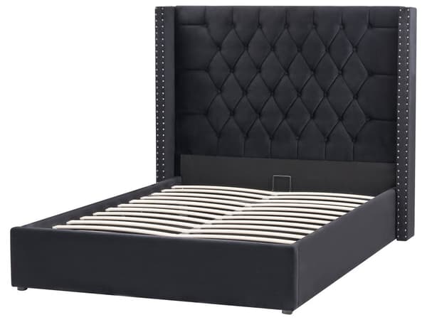 Seng Svart Fløyel 140 x 200 cm Med oppbevaring Lamellbunn Høy sengegavl Elegant Klassisk stil Glam Soverom