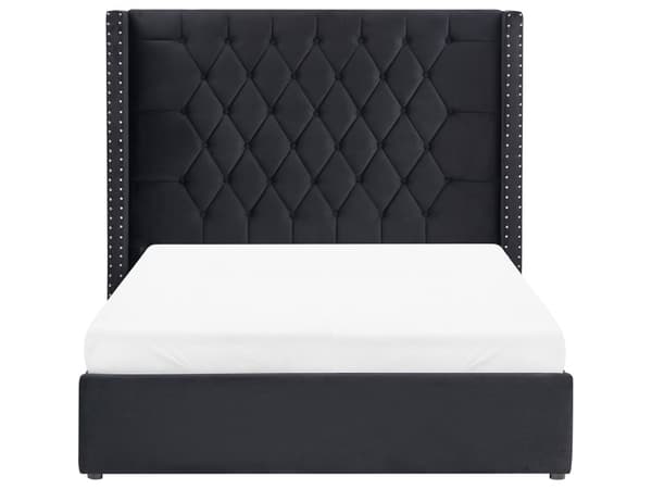 Seng Svart Fløyel 140 x 200 cm Med oppbevaring Lamellbunn Høy sengegavl Elegant Klassisk stil Glam Soverom