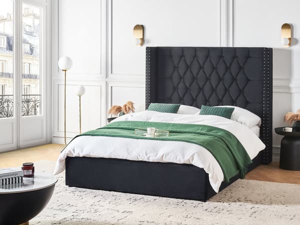 Seng Svart Fløyel 140 x 200 cm Med oppbevaring Lamellbunn Høy sengegavl Elegant Klassisk stil Glam Soverom