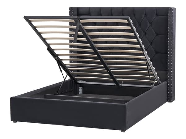 Seng Svart Fløyel 140 x 200 cm Med oppbevaring Lamellbunn Høy sengegavl Elegant Klassisk stil Glam Soverom