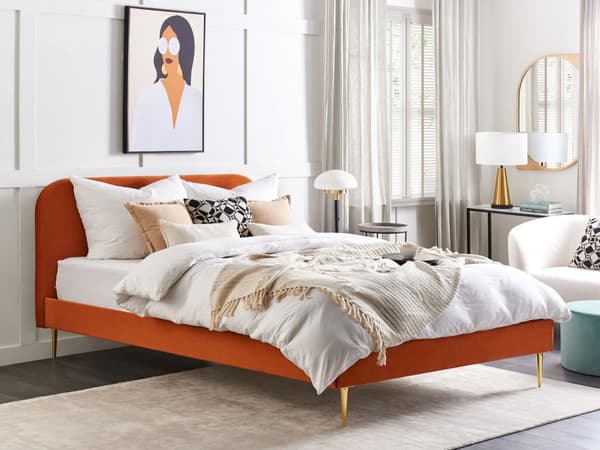 Parisänky oranssi 193 x 215 x 109 cm puu rauta sametti sälepohja glamour retro 180 x 200