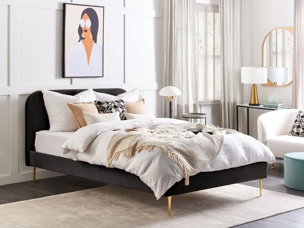 Seng Guld Sort Velour 160 x 200 cm Dobbeltseng Blød Minimalistisk Look Gyldne Ben Sengegavl Tilbehør Soveværelse Design