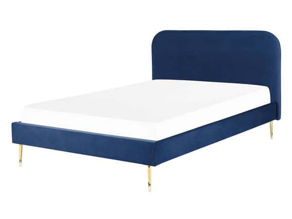 Seng Guld Blå Velour 140 x 200 cm Trekvart Seng Blød Minimalistisk Look Gyldne Ben Sengegavl Tilbehør Soveværelse Design