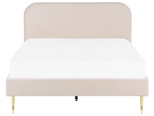 Dubbelsäng Beige Sammet Klädsel 140 x 200 cm Gyllene Ben Sänggavel Lamellbotten Minimalistisk