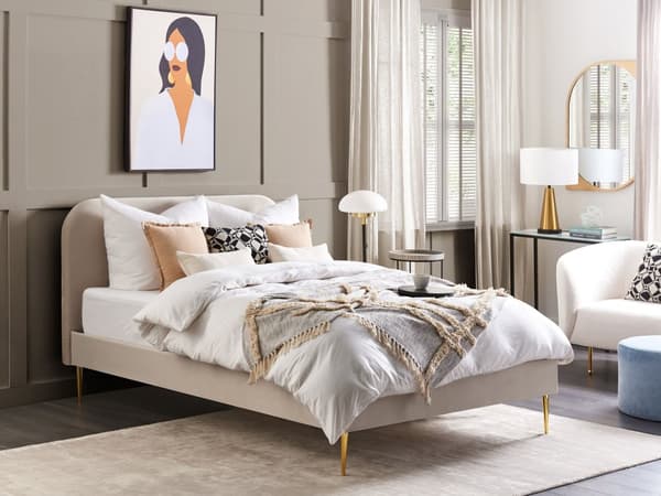 Dubbelsäng Beige Sammet Klädsel 140 x 200 cm Gyllene Ben Sänggavel Lamellbotten Minimalistisk