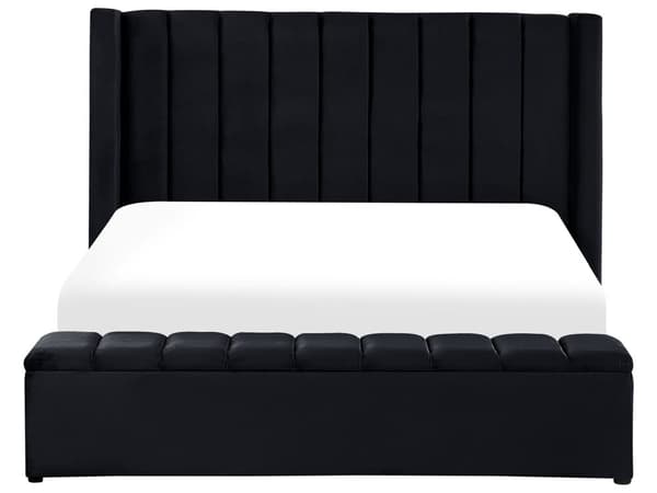 Seng Sort Velour 180 x 200 cm Moderne Polstret Dobbeltseng Design med Opbevaringsbænk Høj Kanal Tuftet Sengegavl til Soveværelse Inspiration