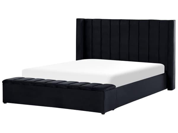 Seng Sort Velour 180 x 200 cm Moderne Polstret Dobbeltseng Design med Opbevaringsbænk Høj Kanal Tuftet Sengegavl til Soveværelse Inspiration