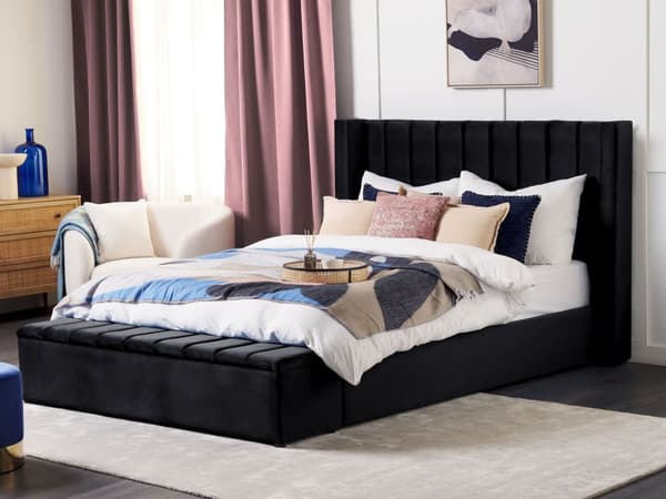 Seng Sort Velour 180 x 200 cm Moderne Polstret Dobbeltseng Design med Opbevaringsbænk Høj Kanal Tuftet Sengegavl til Soveværelse Inspiration