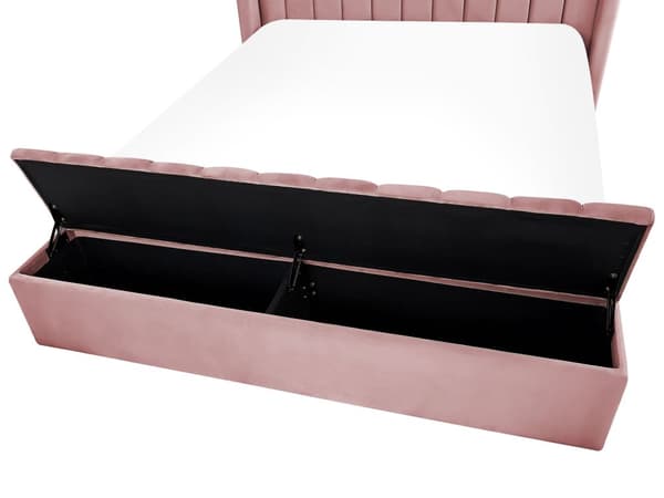 Seng Lyserød Velour 140 x 200 cm Trekvart Seng Halvanden Mands Design med Opbevaringsbænk Høj Sengegavl til Soveværelse Inspiration