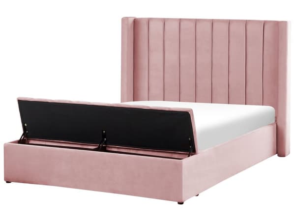 Seng Lyserød Velour 140 x 200 cm Trekvart Seng Halvanden Mands Design med Opbevaringsbænk Høj Sengegavl til Soveværelse Inspiration