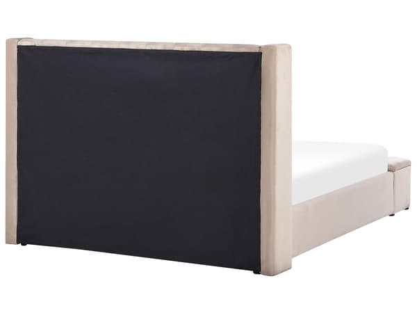 Seng Beige Velour 160 x 200 cm Moderne Polstret Dobbeltseng Design med Opbevaringsbænk Høj Kanal Tuftet Sengegavl til Soveværelse Inspiration