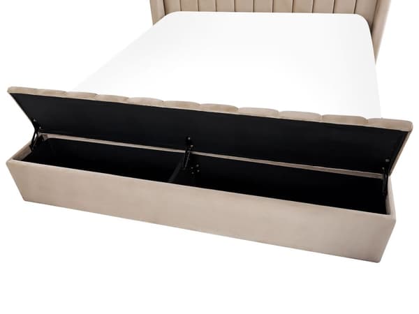 Seng Beige Velour 160 x 200 cm Moderne Polstret Dobbeltseng Design med Opbevaringsbænk Høj Kanal Tuftet Sengegavl til Soveværelse Inspiration