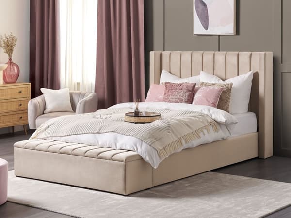Seng Beige Velour 160 x 200 cm Moderne Polstret Dobbeltseng Design med Opbevaringsbænk Høj Kanal Tuftet Sengegavl til Soveværelse Inspiration