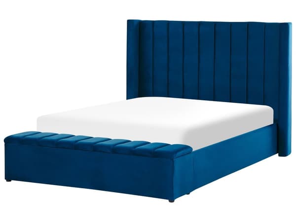 Seng Blå Velour 140 x 200 cm Trekvart Seng Halvanden Mands Design med Opbevaringsbænk Høj Kanal Tuftet Sengegavl til Soveværelse Inspiration