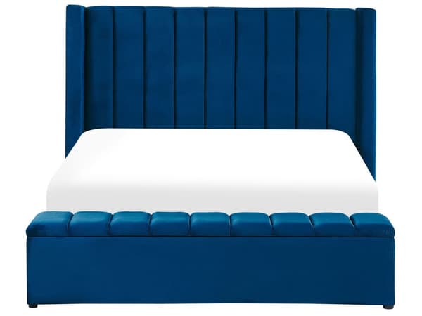 Dubbelsäng Marinblå Sammet 160 x 200 cm Lamellbas med Förvaringsbänk Tuftad