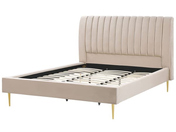 Parisänky hiekanruskea sametti verhoiltu metallijalat 180 x 200 cm sälepohja tikattu pääty moderni tyyli