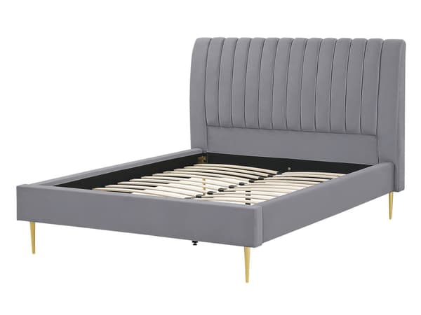 Seng Grå Guld Velour Metal 140 x 200 cm Moderne Blød Halvanden Mands Kvalitetsseng Kanal Tuftet Hovedgærde Design Sengeramme med Lamelbund