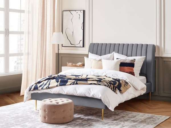 Seng Grå Guld Velour Metal 140 x 200 cm Moderne Blød Halvanden Mands Kvalitetsseng Kanal Tuftet Hovedgærde Design Sengeramme med Lamelbund