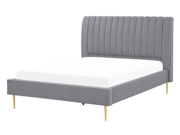 Seng Grå Guld Velour Metal 140 x 200 cm Moderne Blød Halvanden Mands Kvalitetsseng Kanal Tuftet Hovedgærde Design Sengeramme med Lamelbund