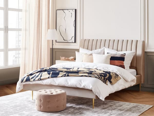 Seng Beige Guld Velour Metal 180 x 200 cm Moderne Blød Dobbeltseng Kanal Tuftet Hovedgærde Design Sengeramme med Lamelbund