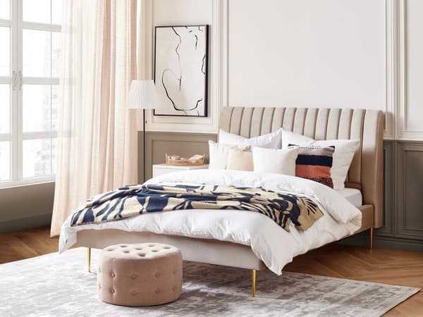 Seng Beige Guld Velour Metal 140 x 200 cm Moderne Blød Halvanden Mands Kvalitetsseng Kanal Tuftet Hovedgærde Design Sengeramme med Lamelbund