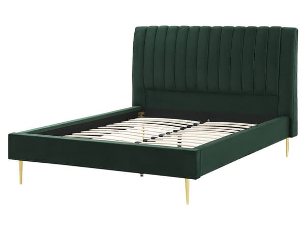 Seng Grøn Guld Velour Metal 160 x 200 cm Moderne Blød Dobbeltseng Kanal Tuftet Hovedgærde Design Sengeramme med Lamelbund