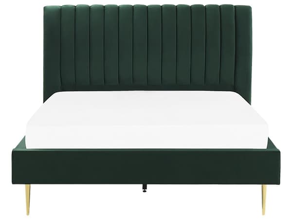 Seng Grøn Guld Velour Metal 160 x 200 cm Moderne Blød Dobbeltseng Kanal Tuftet Hovedgærde Design Sengeramme med Lamelbund