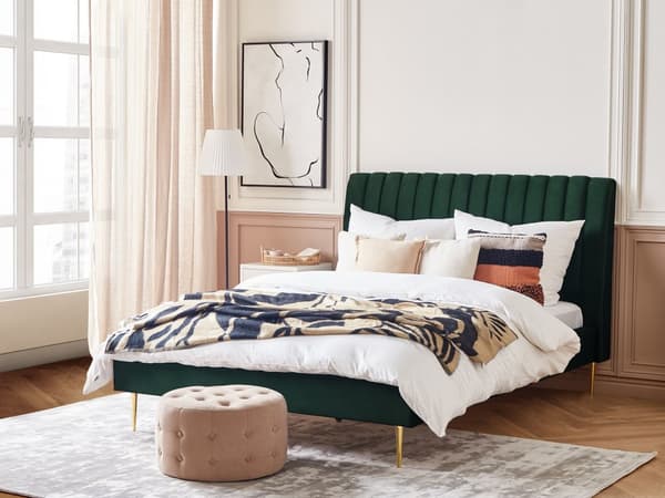 Seng Grøn Guld Velour Metal 160 x 200 cm Moderne Blød Dobbeltseng Kanal Tuftet Hovedgærde Design Sengeramme med Lamelbund