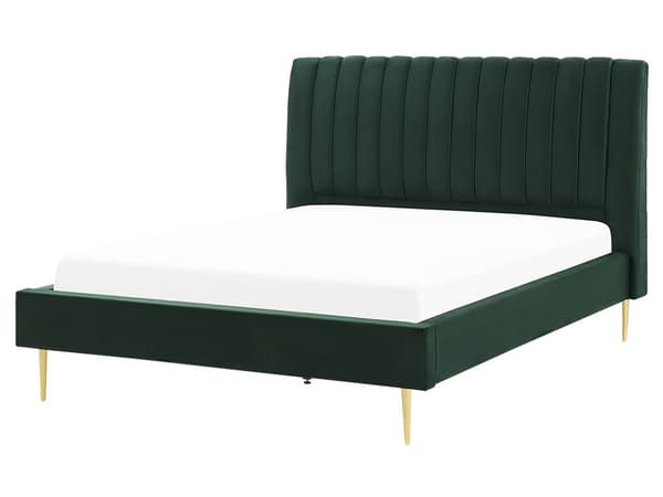 Seng Grøn Guld Velour Metal 160 x 200 cm Moderne Blød Dobbeltseng Kanal Tuftet Hovedgærde Design Sengeramme med Lamelbund